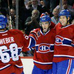 Louis Leblanc celebrates his first career goal with Blunden and Weber